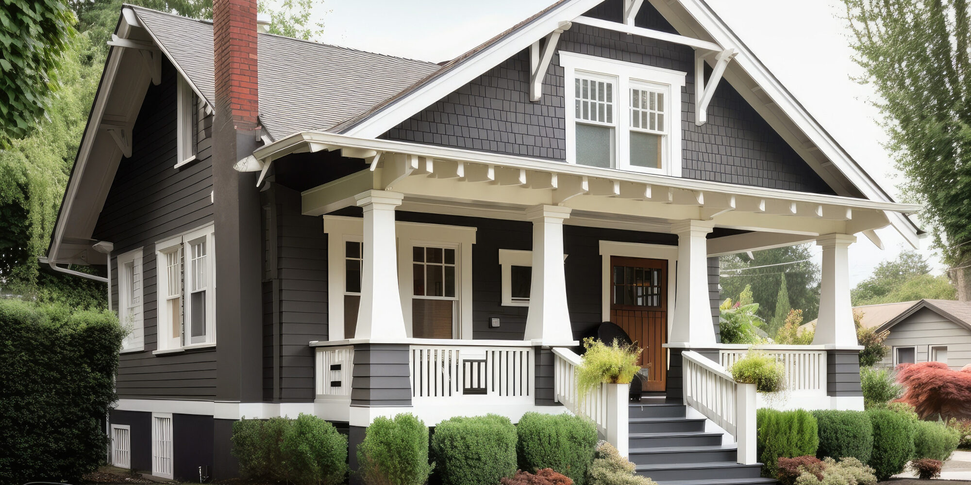 painted craftsman house exterior with black shutters and white trim