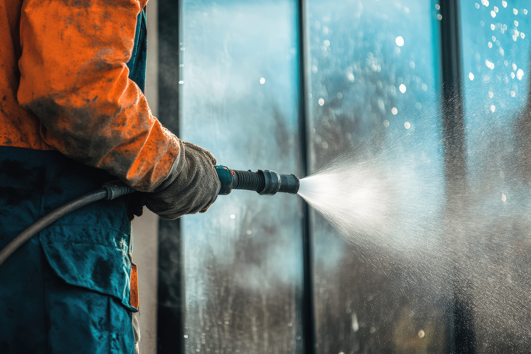 Man cleaning windows on the building.